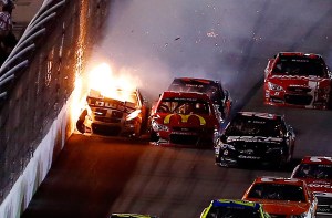 The carnage started early - Jimmie Johnson was one of many front-runners who wrecked their car on the last lap of the qualifying Duels race on Thursday... (Photo courtesy NASCAR)