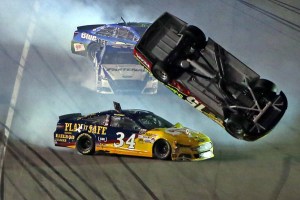 ...as was Clint Bowyer, who went for a wild ride but landed on his wheels and crossed the line - through the pits... (Photo courtesy NASCAR)
